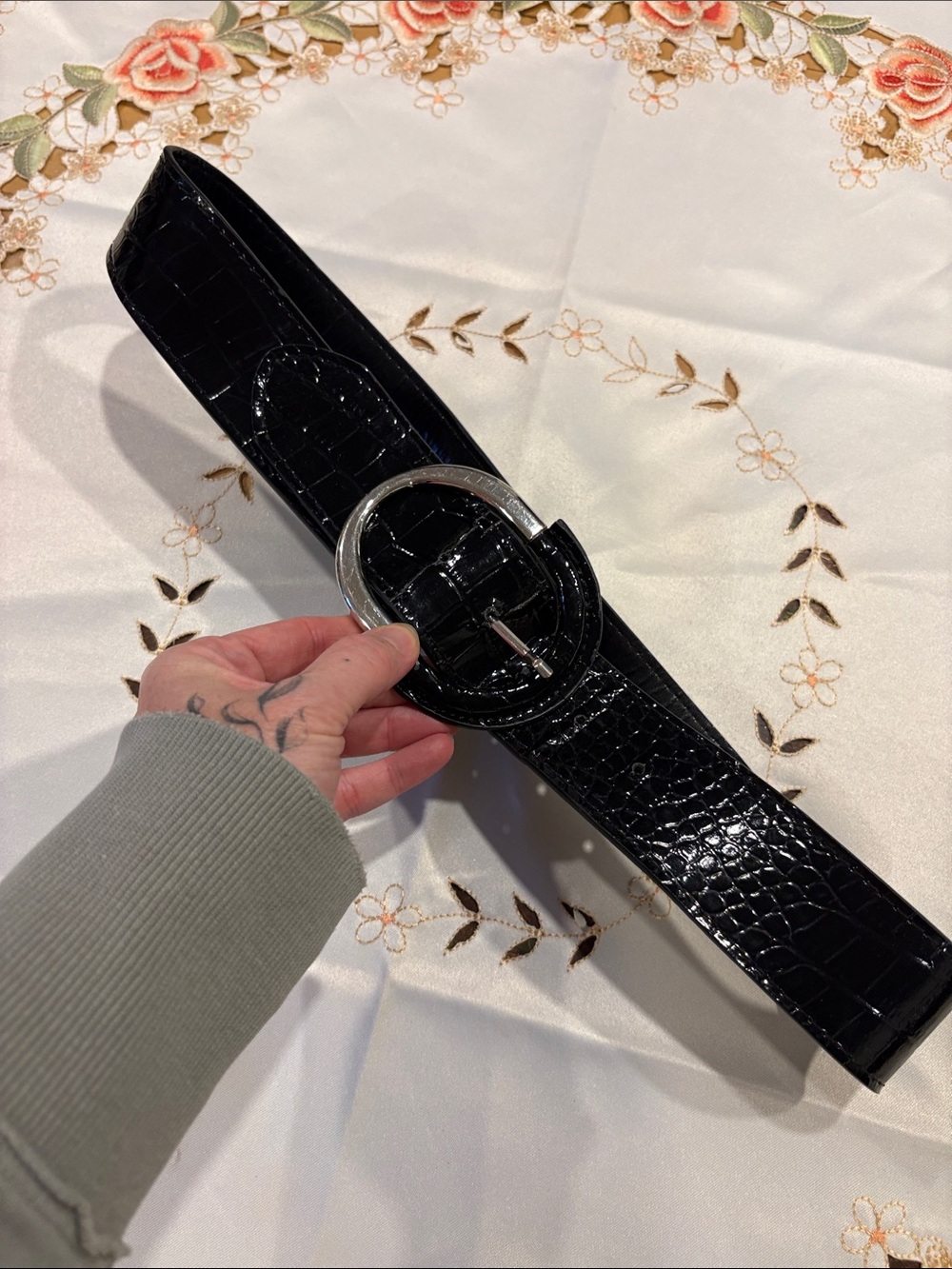 White House Black Market Black Croc-Embossed Wide Belt with Round Silver Buckle